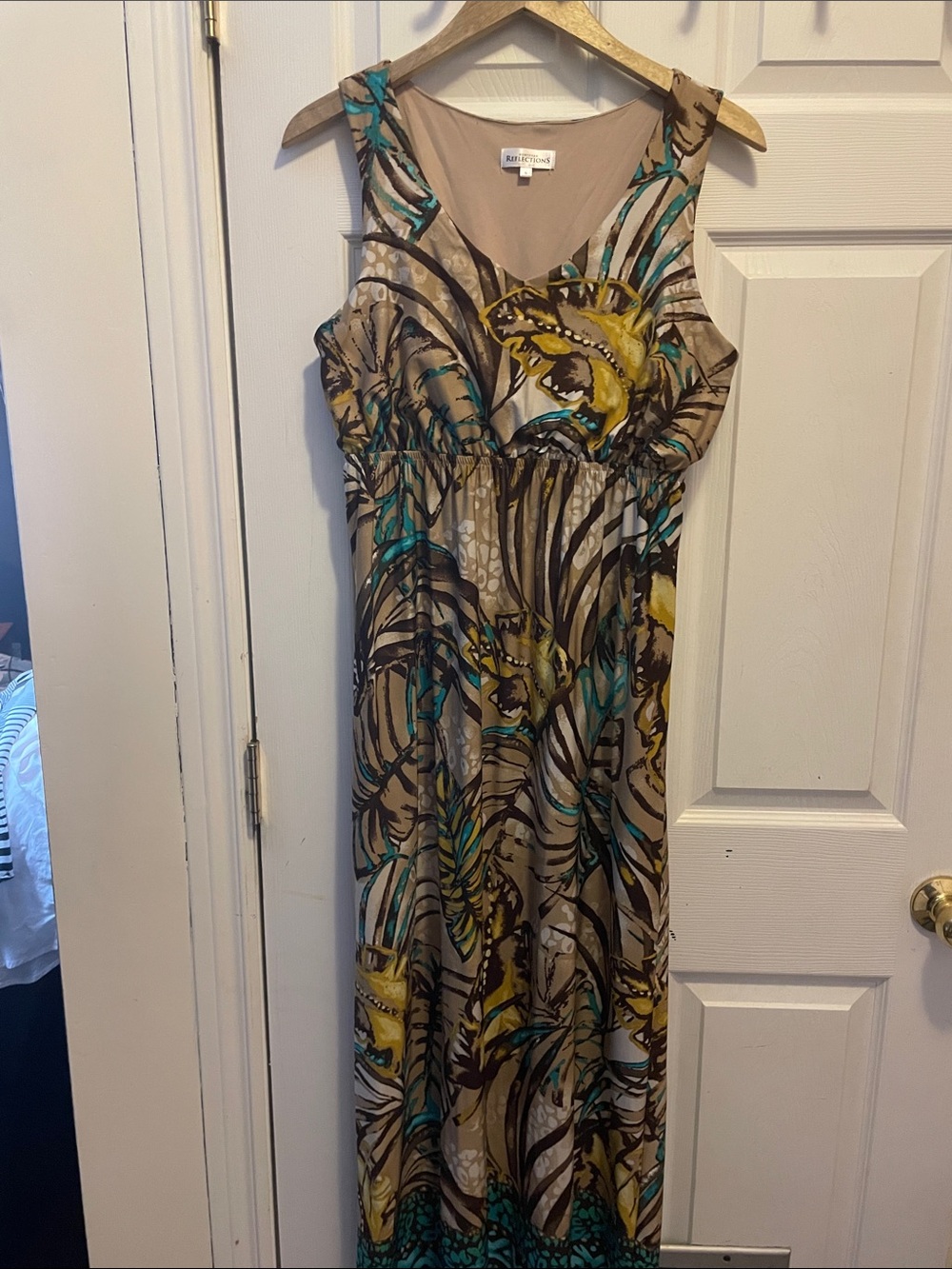 Northern Reflections Taupe Maxi Dress with Teal & Yellow Floral Accents